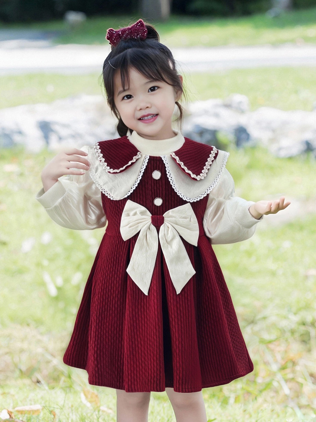 Mädchen Kleid mit festlichem Kragen und Schleifendetail EB