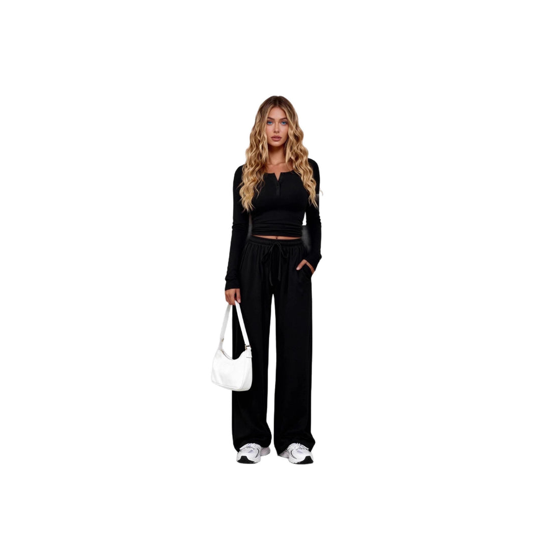 Damen nan Lounge-Set aus Feinstrick mit Henley-Oberteil und weiten Palazzo-Hosen EB
