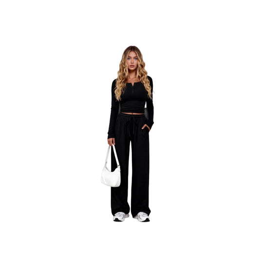 Damen nan Lounge-Set aus Feinstrick mit Henley-Oberteil und weiten Palazzo-Hosen EB