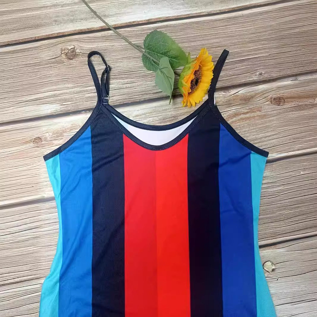 Damen Maxikleid mit tiefem V-Ausschnitt und modischem Streifenmuster EB