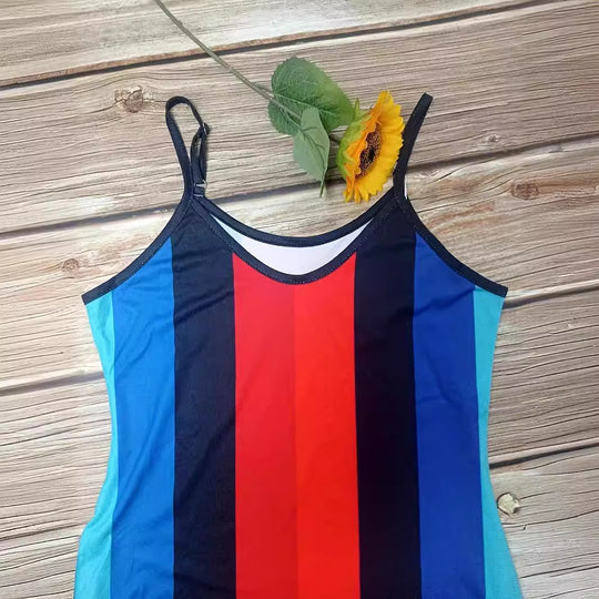 Damen Maxikleid mit tiefem V-Ausschnitt und modischem Streifenmuster EB