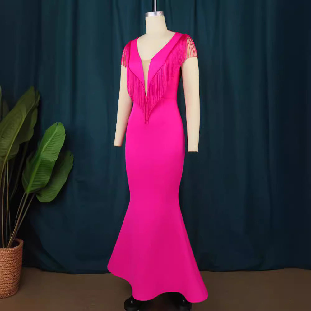 Damen figurbetontes Abendkleid mit Fransen und tiefem V-Ausschnitt EB
