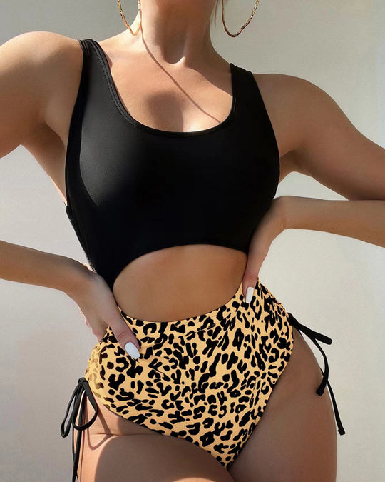 Damen Schwimmanzug mit hohem Schnitt und lebhaftem Leopardenmuster EB