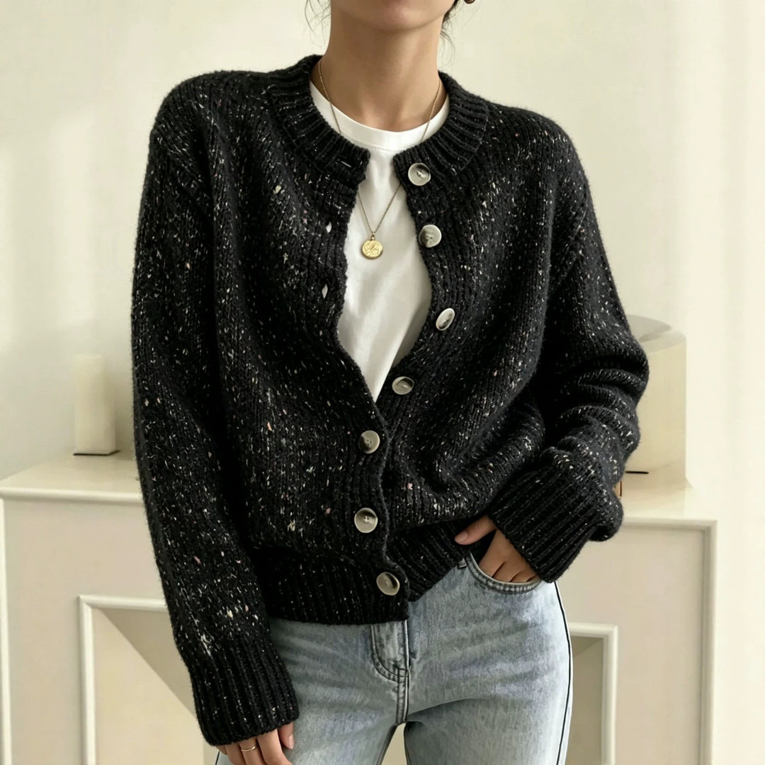 Damen Grobgestrickter Kurzcardigan mit Rundhalsausschnitt und meliertem Tweed-Effekt EB