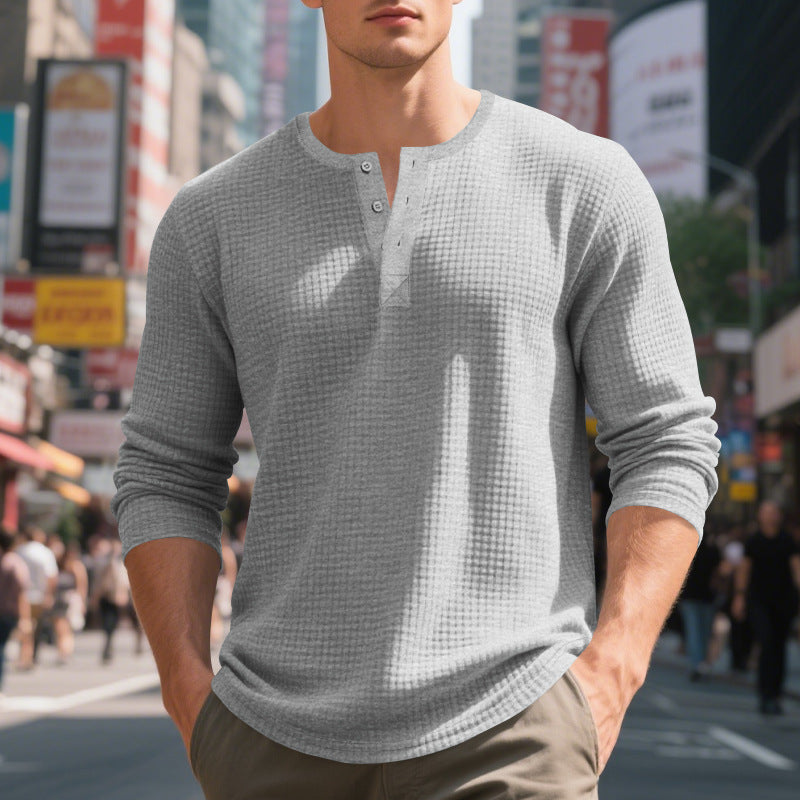 Herren nan Waffelstruktur-Henley-Langarmshirt mit Rundhalsausschnitt, mehrfacher Knopfleiste und entspannter Passform EB