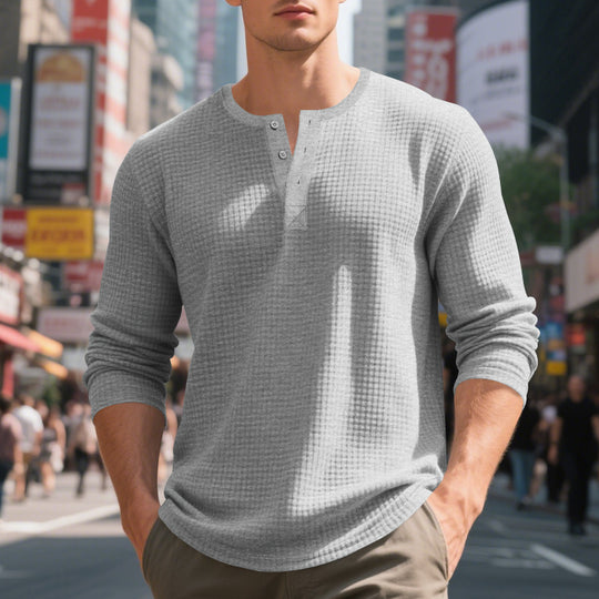 Herren nan Waffelstruktur-Henley-Langarmshirt mit Rundhalsausschnitt, mehrfacher Knopfleiste und entspannter Passform EB