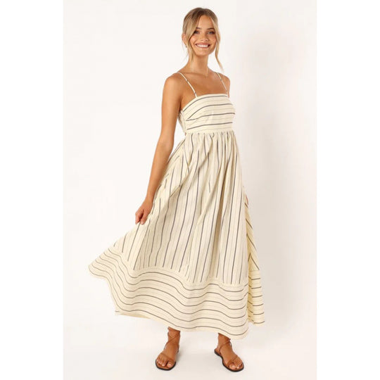 Damen Maxikleid mit feinen Streifen und elastischem Taillenbund EB