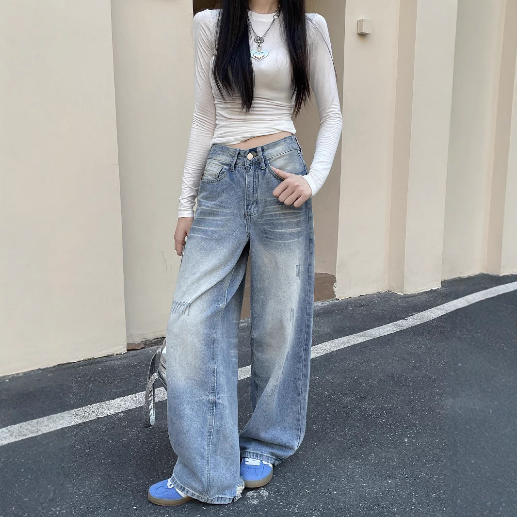 Damen Weite Baggy-Jeans mit modischem Used-Effekt und hohen Taschen EB