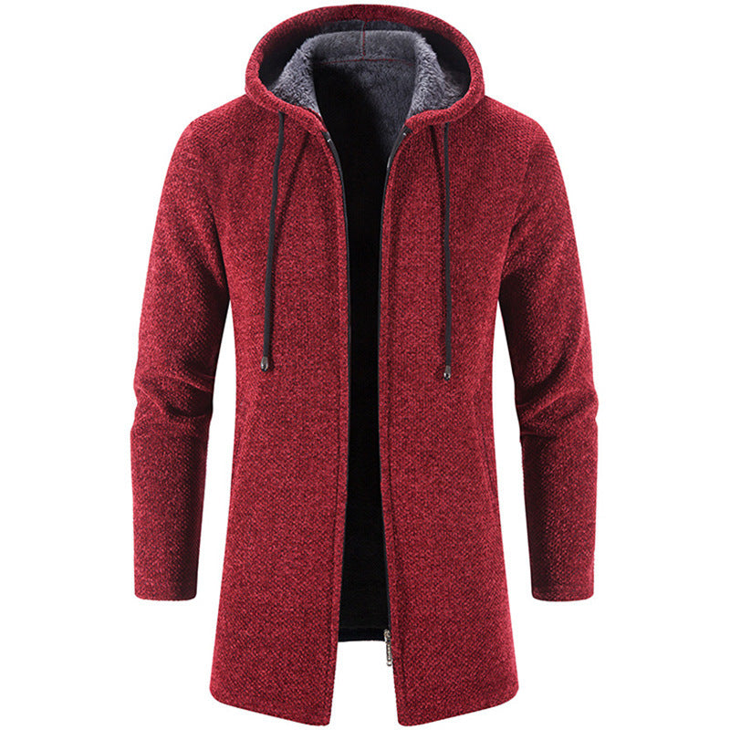Herren nan langer Kapuzenstrickmantel mit Teddyfutter, durchgehendem Reißverschluss und seitlichen Eingrifftaschen EB