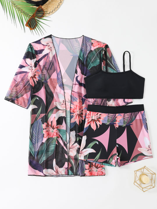 Damen Strand-Badetasche mit floralem Überwurf und Bikiniset EB