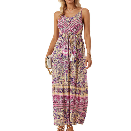 Damen Maxikleid mit elegantem floralem Motiv und verstellbarem Taillenzug EB