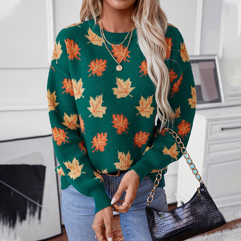 Damen Strickpullover mit strukturiertem Blättermotiv und Rundhalsausschnitt EB