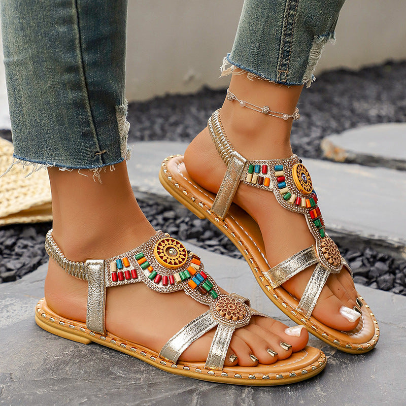 Damen Boho-Inspired Sandalen mit kunstvollen Verzierungen EB