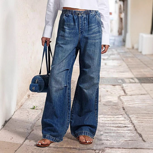 Damen weite Denim-Hose mit elastischem Bund und lässigem Design EB