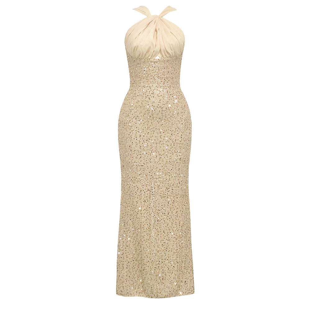 Damen Glamouröses Abendkleid mit funkelndem Paillettenoberteil und elegantem Rückenausschnitt EB