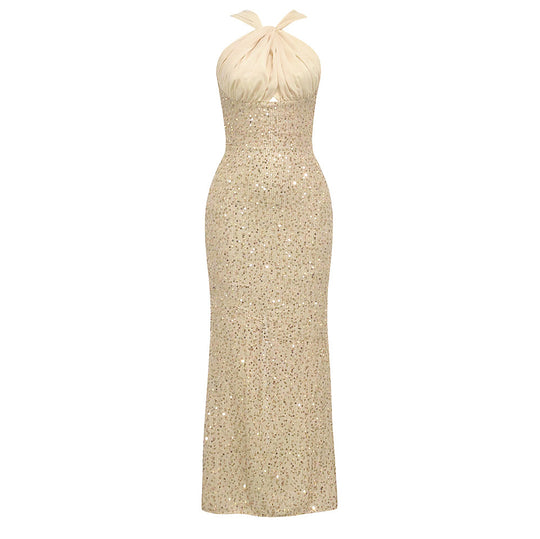 Damen Glamouröses Abendkleid mit funkelndem Paillettenoberteil und elegantem Rückenausschnitt EB
