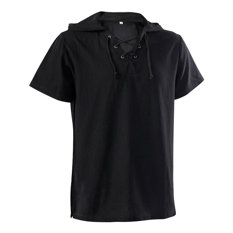 Herren nan lässiges Kurzarmshirt mit geschnürter V-Kehle, kurzem Stehkragen und weichem Baumwollmix Eb