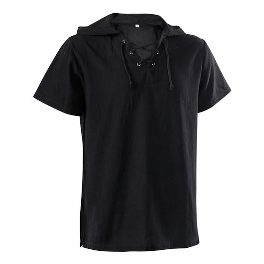 Herren nan lässiges Kurzarmshirt mit geschnürter V-Kehle, kurzem Stehkragen und weichem Baumwollmix Eb