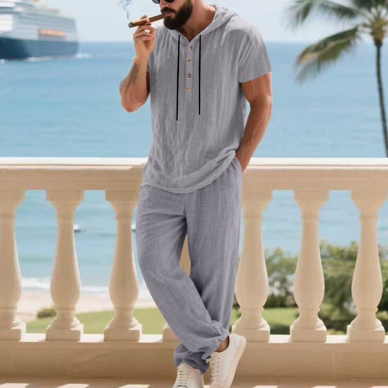 Herren komfortables Freizeit-Set mit modischem Henley-Oberteil und lockeren Hosen EB