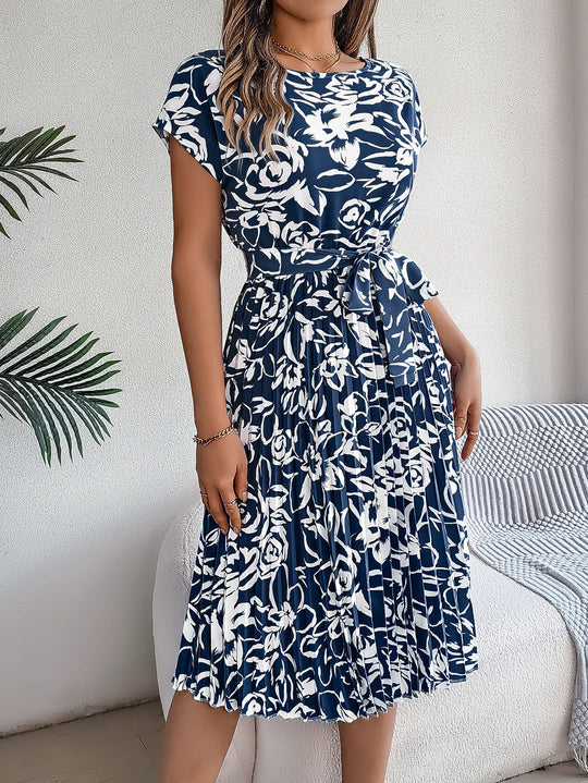 Damen modernes Wickelkleid mit floralem Print und Taillengürtel EB