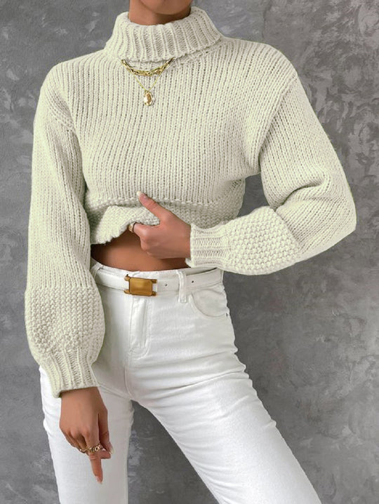 Damen trendiger Pullover mit hoch geschlossenem Kragen und voluminösen Ärmeln EB