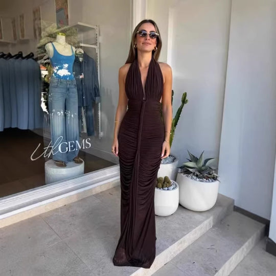 Damen Exquisites gerafftes Maxikleid mit tiefem V-Ausschnitt und eleganten Drapierungen EB