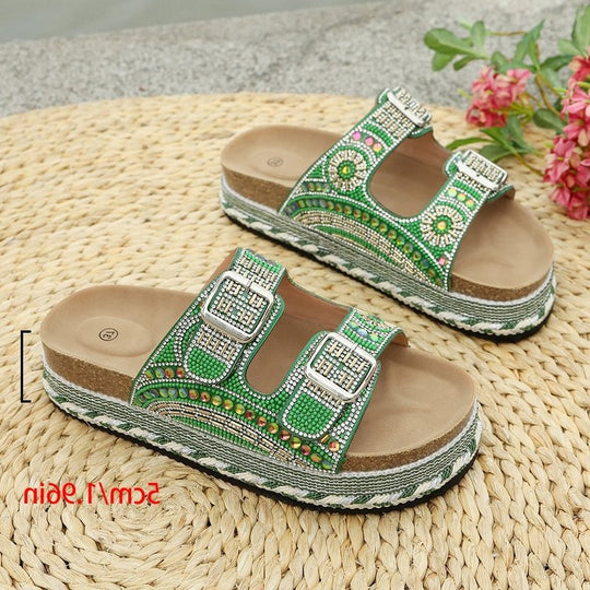 Damen Riemchen-Sandalen mit funkelnden Perlen und verstellbaren Schnallen EB