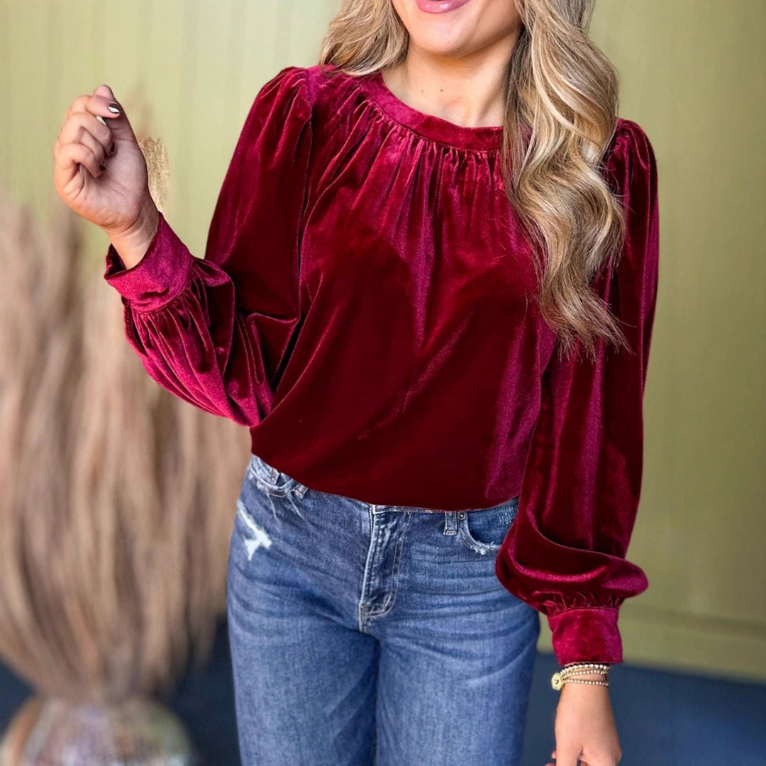 Damen Samtbluse mit Ballonärmeln und gerafftem Stehkragen EB