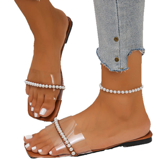 Damen Offene Sandalen mit Perlendesign und transparenten Riemen EB