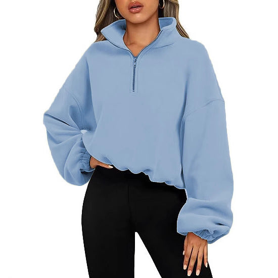 Damen nan kurz geschnittenes Halbzip-Sweatshirt mit hohem Stehkragen, Ballonärmeln und elastischem Saum EB