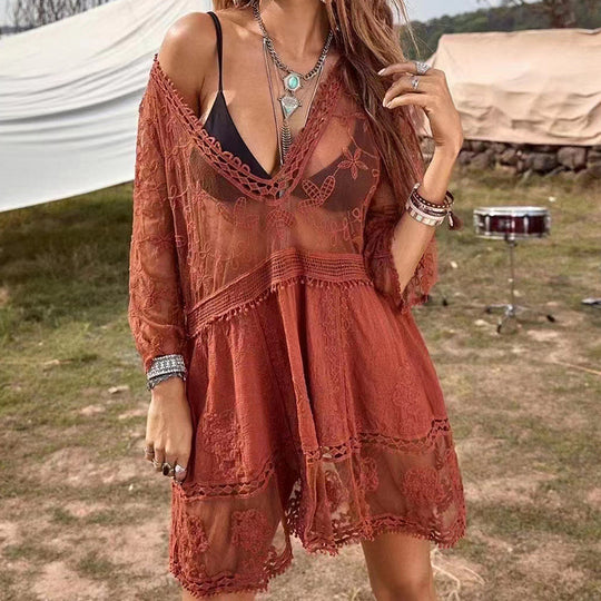 Damen luftiger Beachcover-Up mit aufwendiger Stickerei EB