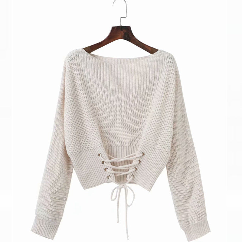 Damen Pullover mit tiefem Rückenausschnitt und dekorativen Schnürdetails EB