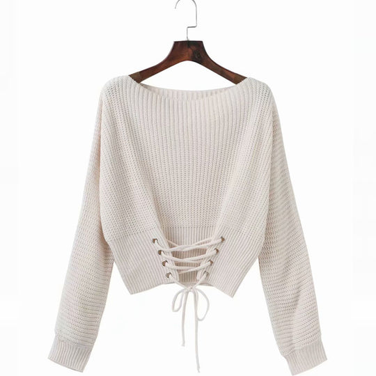 Damen Pullover mit tiefem Rückenausschnitt und dekorativen Schnürdetails EB