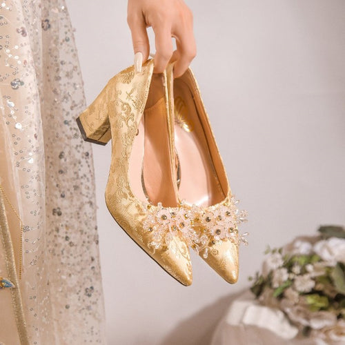Damen elegante Stiletto-Pumps mit floraler Strass-Applikation EB