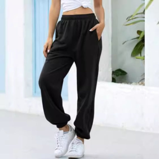 Damen nan weite High-Waist Jogginghose aus weichem Fleece mit elastischem Bund, Eingrifftaschen und engen Saumbündchen EB