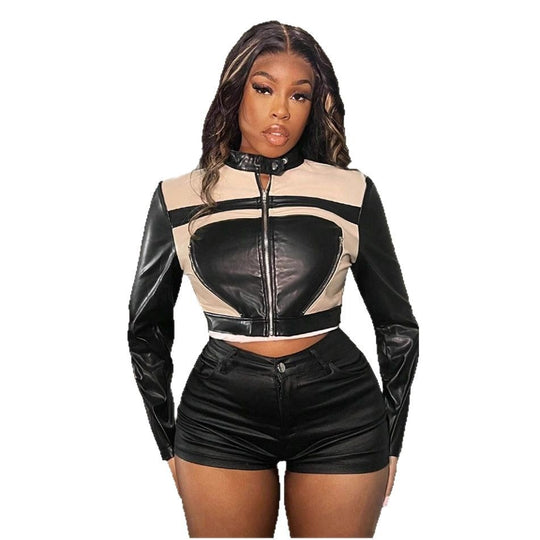 Damen cropped Kunstlederjacke mit sportlichen Zierdetails EB