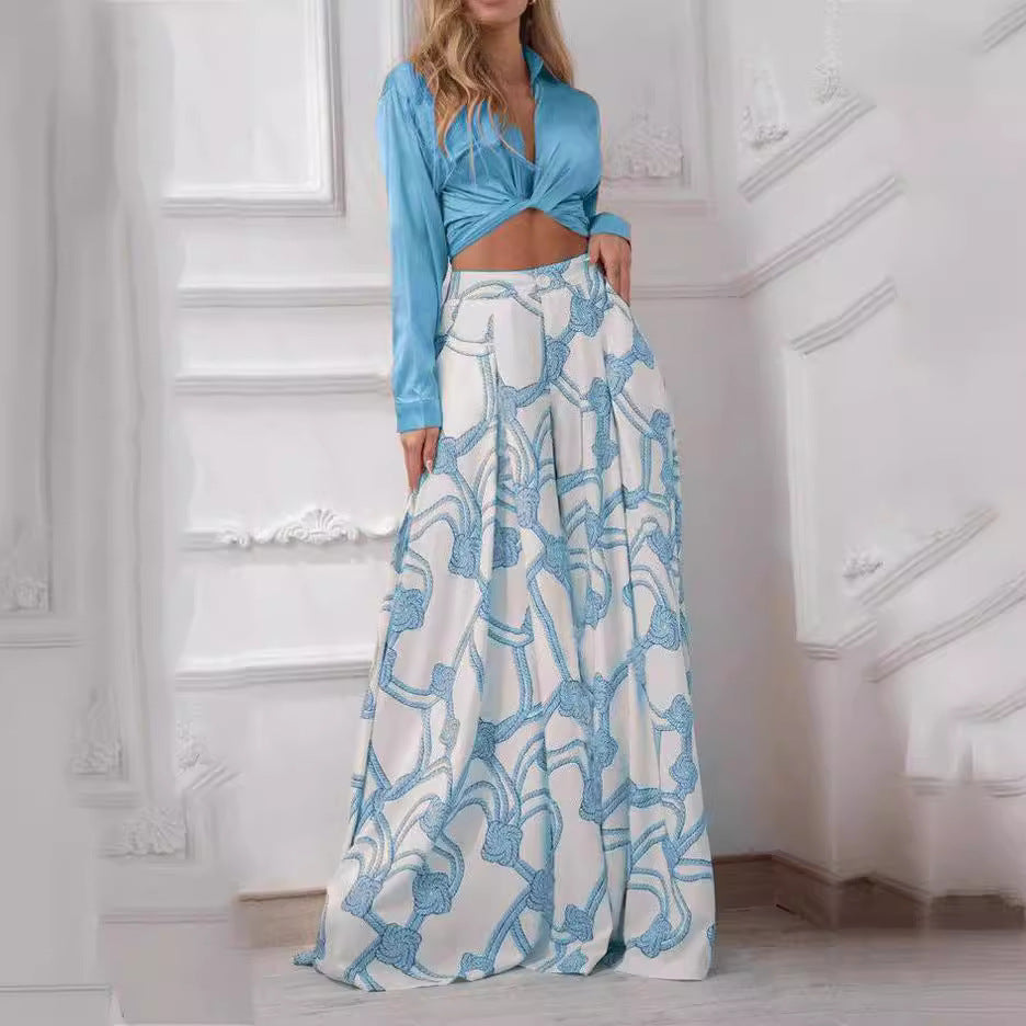 Damen elegantes Wickeloberteil mit langem Ärmel und Maxi-Rock EB