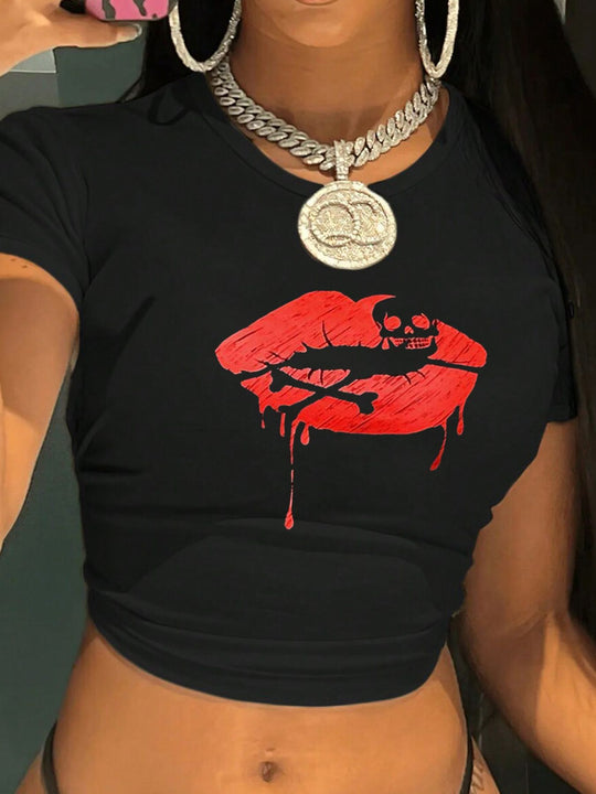 Damen Crop-T-Shirt mit kreativem Lippenmotiv und figurbetontem Schnitt EB