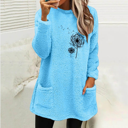 Damen Fleece-Tunika mit Dandelion-Motiv und praktischen Taschen EB