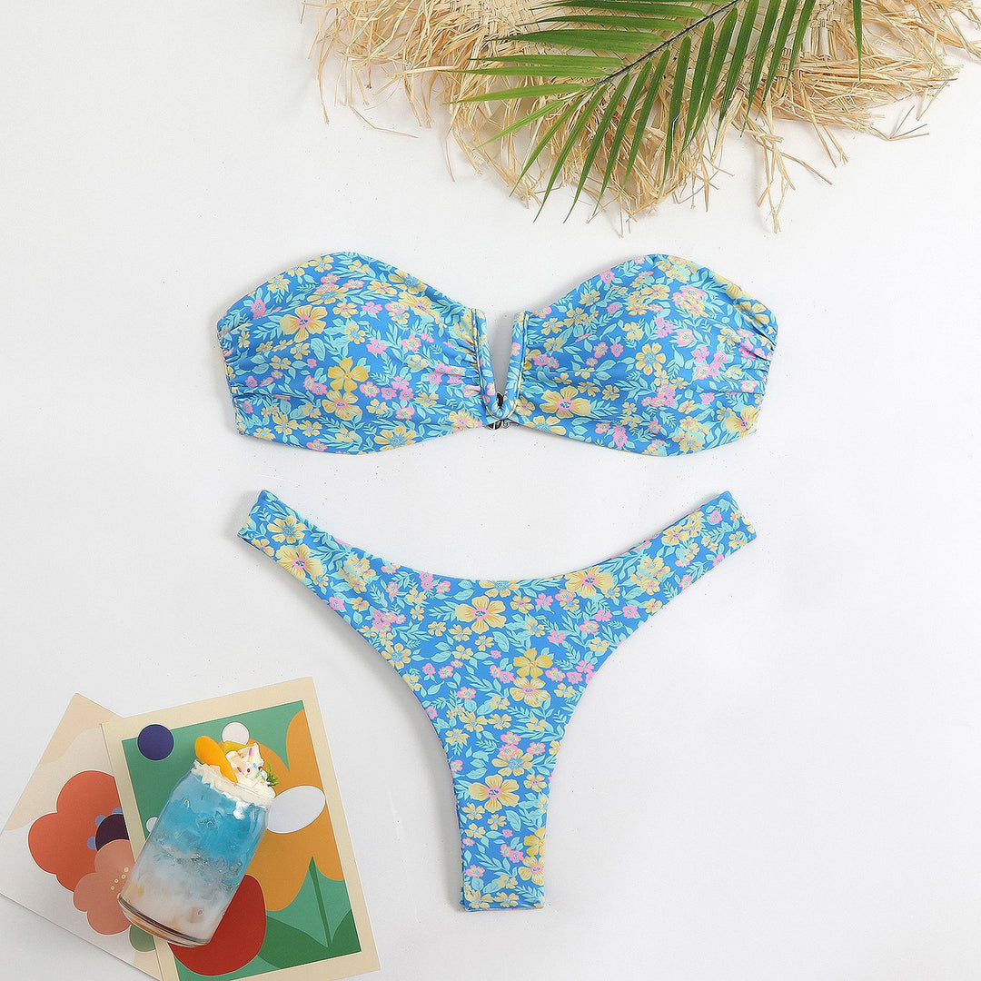 Damen Bandeau-Bikini mit floralem Design und elegantem Verschluss EB