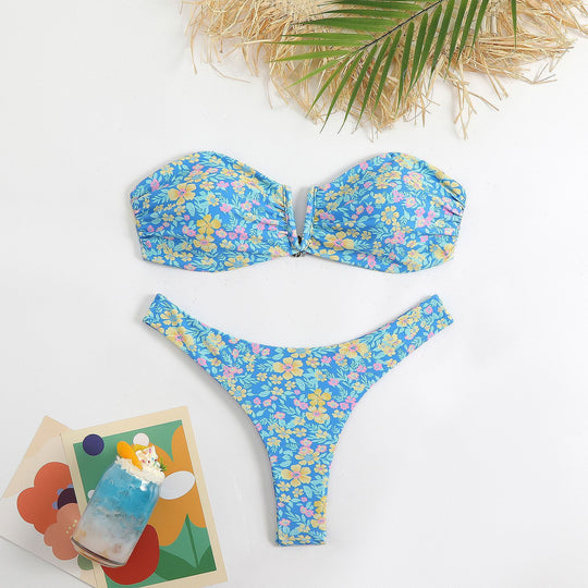 Damen Bandeau-Bikini mit floralem Design und elegantem Verschluss EB