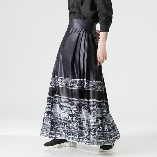 Damen nan Maxi-Rock mit breitem Taillenbund ornamentaler Bordüre und plissierten Falten EB