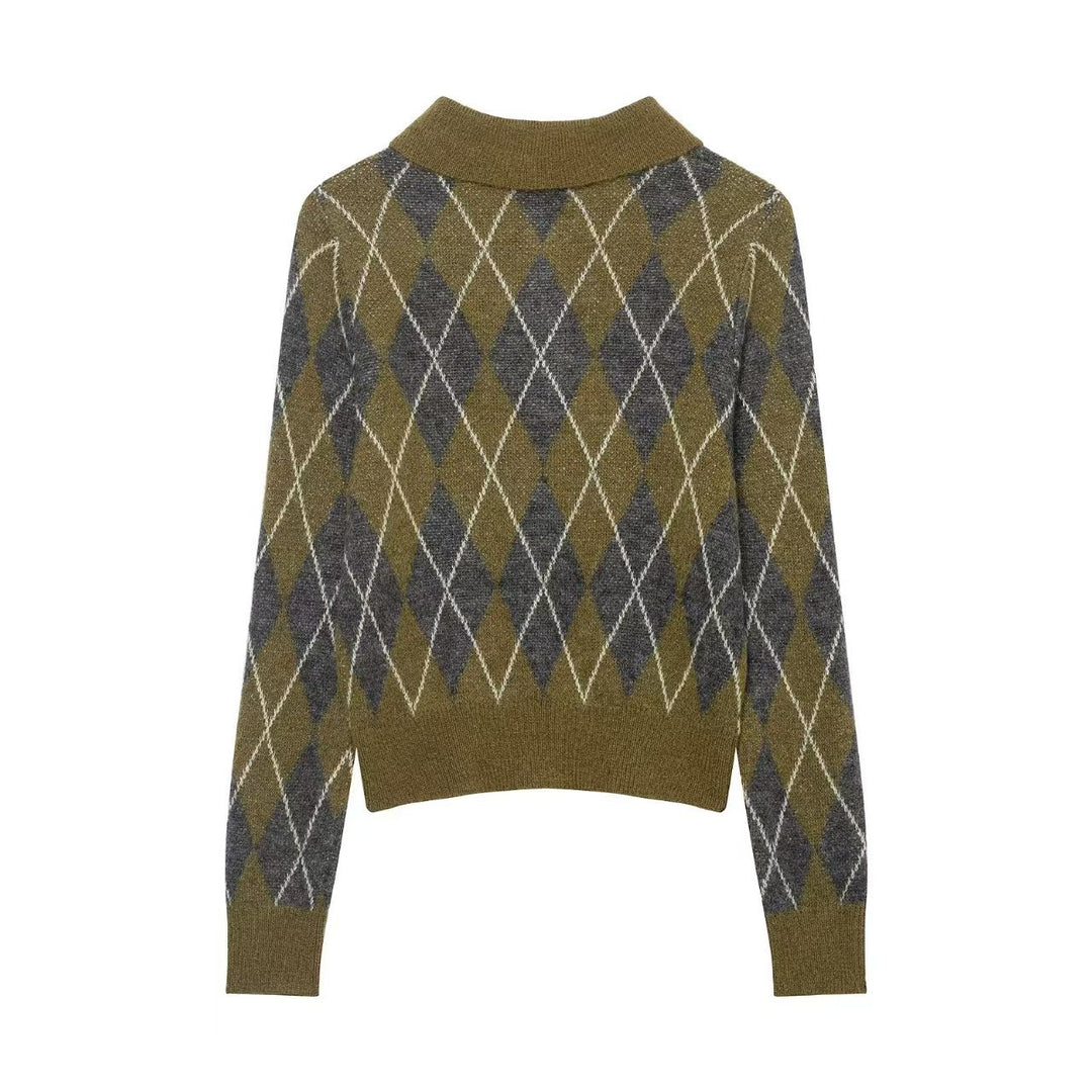 Damen nan Argyle-Polo-Strickpullover mit Cropped-Schnitt, Rippbündchen und Knopfleiste EB