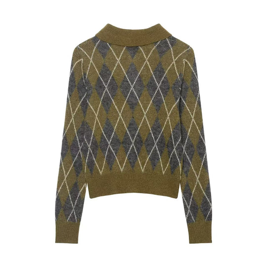 Damen nan Argyle-Polo-Strickpullover mit Cropped-Schnitt, Rippbündchen und Knopfleiste EB