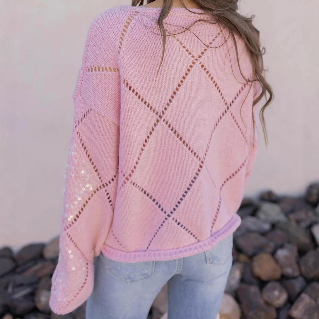 Damen Grobgestrickter Oversize-Pullover mit Ajour‑Rautenmuster und Pailletten EB