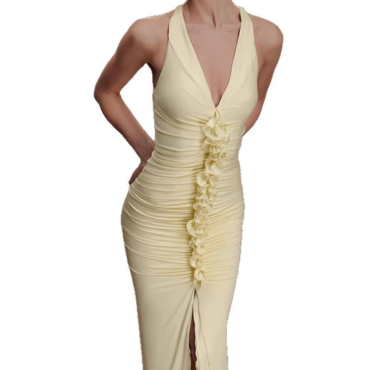 Damen Hochwertiges Abendkleid mit tiefem V-Ausschnitt und Raffungen EB