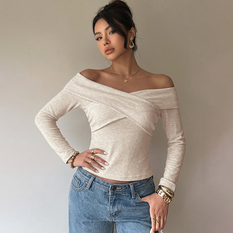 Damen Schulterfreies Wickel-Longsleeve mit Carmenkragen und taillierter Passform EB