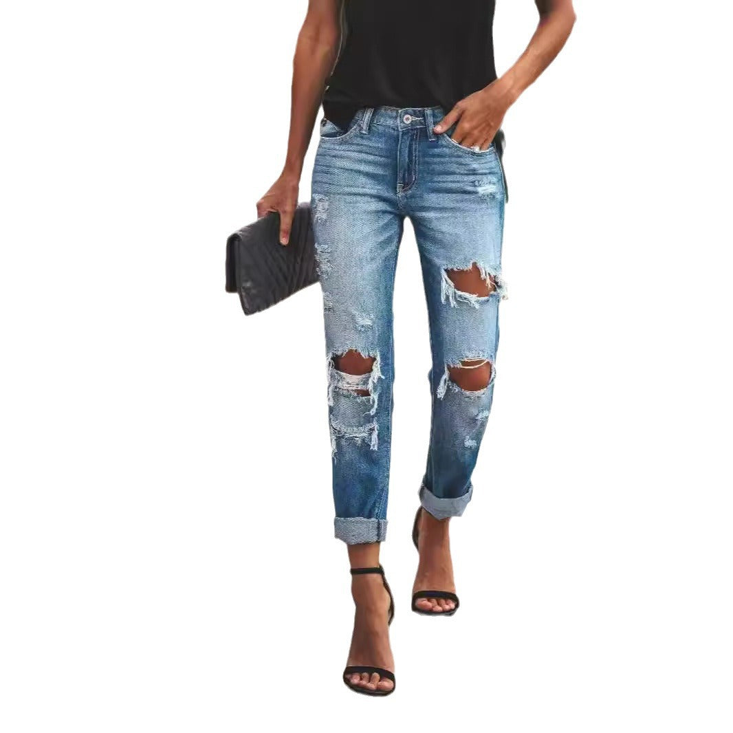 Damen Destroyed Boyfriend Jeans im lässigen Stil mit hohen Rissdetails EB