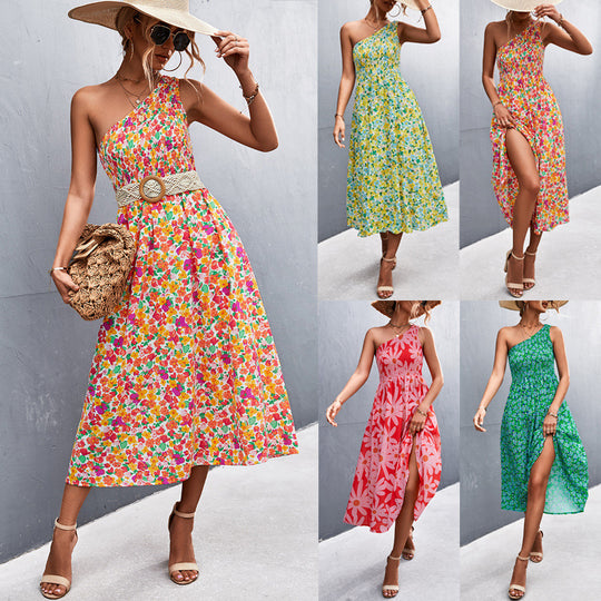 Damen Maxikleid mit asymmetrischem Trägerdesign und floralem Allover-Muster EB