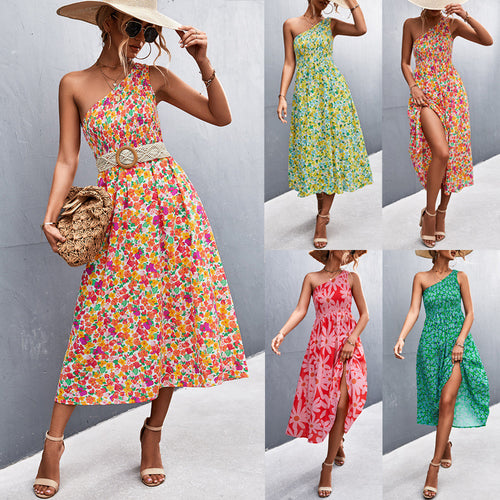 Damen Maxikleid mit asymmetrischem Trägerdesign und floralem Allover-Muster EB